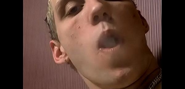 Smoking twink licks his own big fat cock and tugs it hard